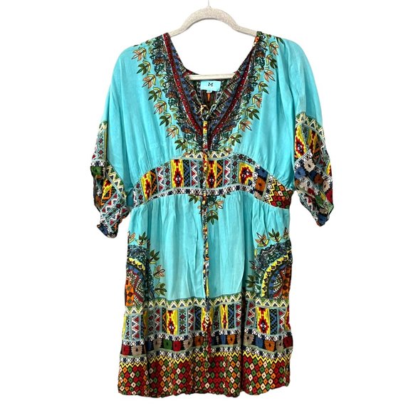 South Main Women's Dress Boho Short Sleeve Size L/XL Rayon Smocked Waist - Picture 1 of 9